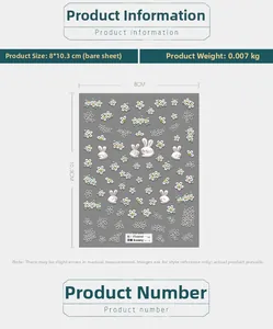 Detailed view of 5D embossed nail stickers featuring white rabbits and flowers with 8x10.3cm size