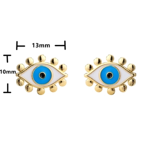 Golden evil eye stud earrings with blue enamel, size 13mm by 10mm, front view