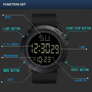 Digital sports watch diagram highlighting function buttons and display features