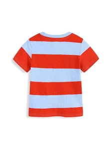 Kids red and blue wide horizontal striped cotton t-shirt shown from the back view