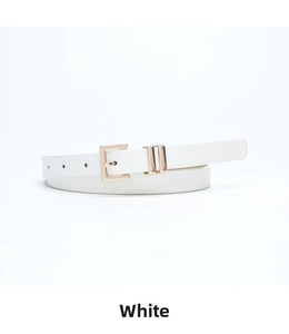 Close-up of white thin belt with a polished gold square metal buckle on a white background
