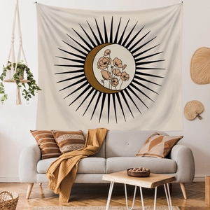 Boho sun and moon wall tapestry with floral pattern for modern living room decor