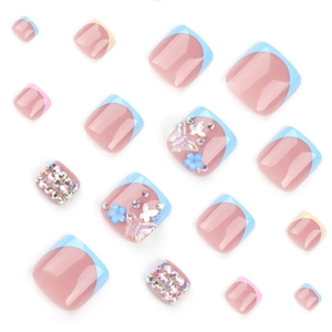 Faux ongles de pieds français avec papillon 3D, fleurs et strass brillants décoratifs