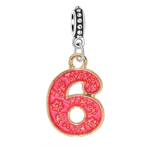 Golden alloy number 6 pendant with red enamel finish for DIY jewelry and Christmas trees