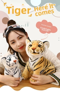 Detailed view of soft lifelike tiger plush toys with realistic fur texture and patterns