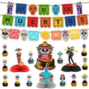 Day of the Dead party kit with banners, paper skulls and colorful honeycomb centerpieces