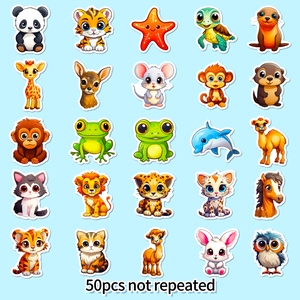 Set of 50 pieces cute cartoon animal stickers featuring pandas, tigers and giraffes