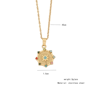 Detailed close-up of golden stainless steel evil eye pendant with technical dimensions