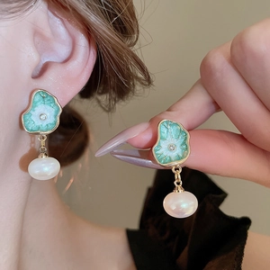 Vintage lotus leaf earrings with mint enamel, pearl drops and sparkling diamond accents