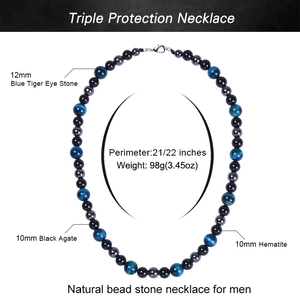Halskette für Herren aus blauem Tigerauge und schwarzem Onyx mit 12mm und 10mm Edelsteinperlen