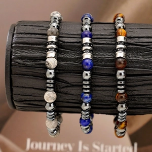 Bracelet Perles Oeil De Tigre Lapis Lazuli Pierre De Carte Hématite Pierre Naturelle Acier Inoxydable Vintage Homme