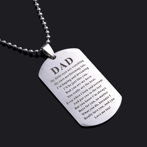 Stainless steel dog tag necklace for men with Dad engraving and ball chain on black base