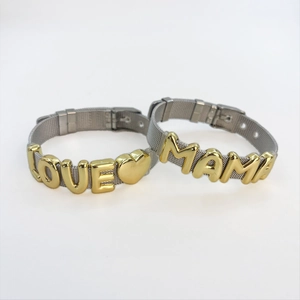 Retro stainless steel mesh bracelet with gold LOVE and MAMA letters on silver band