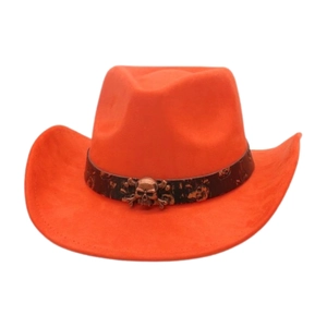 Detail of orange cowboy hat with brown band and metallic skull ornament and felt texture
