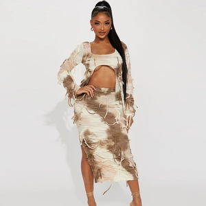 Women Tie Dye Knit Crop Top And Midi Skirt Distressed Ripped Long Sleeve Side Slit Gothic Alternative Streetwear