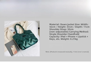 Detailierte Größentabelle für dunkelgrüne Stepp-Tasche mit Maßen 42x33x11cm