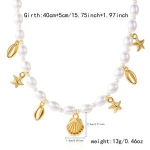 Detail view of pearl necklace with starfish charms and size specifications shown