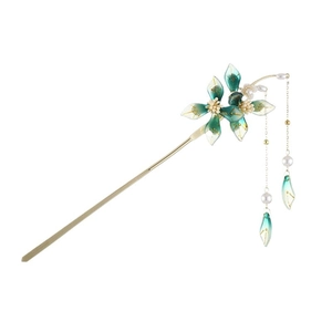Golden flower hair pin with green gradient petals and pearl tassels on white background