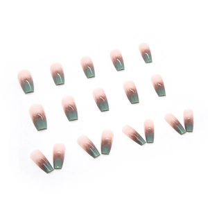 Pink and dark green gradient ballet style press-on nails with high gloss finish
