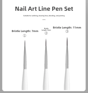Size chart for 3pcs nail liner brush set with 7mm 9mm and 11mm synthetic bristle lengths