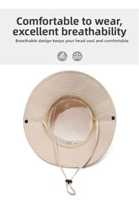 Detail of beige outdoor bucket hat showing breathable mesh lining and adjustable wind rope