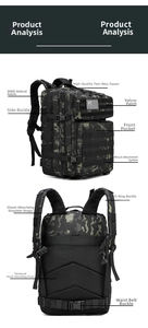 Detailed view of the tactical backpack showing its 900D Oxford fabric and MOLLE system