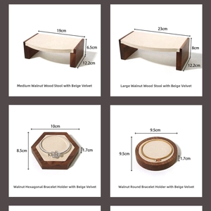 Walnut wood and beige suede jewelry display stand set with detailed dimensions and specs