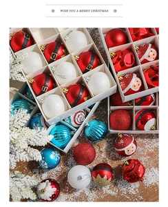 Detail of red and white Christmas ball ornaments with festive glitter patterns and snowflakes