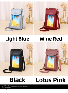 Detail view of multi-color crossbody phone bags with touch screen window and gold hardware