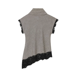 Women's houndstooth sleeveless top with black lace trim and asymmetrical hem design
