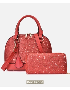 Close-up of red sequin shell handbag and matching wallet with gold hardware set