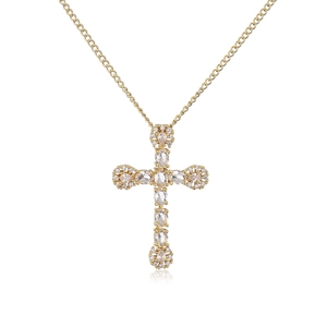 Chic gold-plated cross pendant necklace with micro-paved crystals on white background