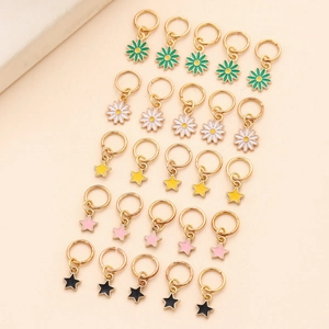 25Pcs gold alloy hair rings with colorful enamel star and flower charms for DIY jewelry
