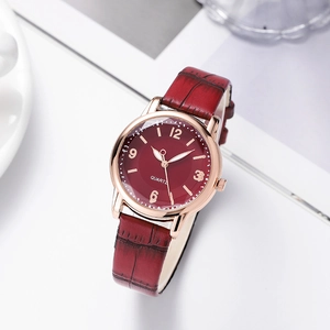 Elegant women's quartz watch with red crocodile leather strap and golden alloy case