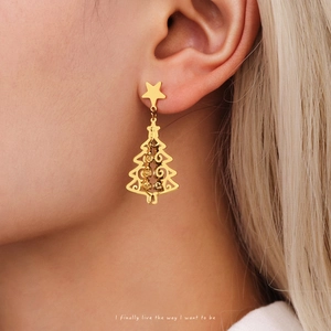 Christmas Tree Earrings Stainless Steel Star Top Hollow Out Festive Holiday Party Jewelry Gift For Women