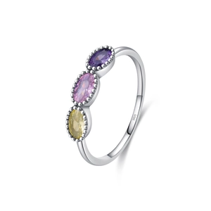 Elegant S925 sterling silver ring with colorful purple pink and yellow gemstones