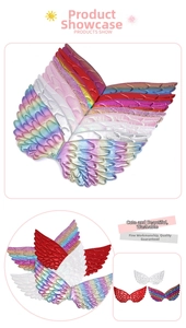 Detailed view of iridescent gradient fairy wings with feather-like embossed stitching
