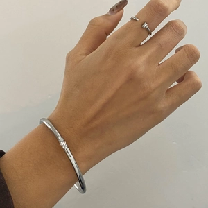 Titanium steel silver bangle and ring set with sparkling zircon for luxury women jewelry