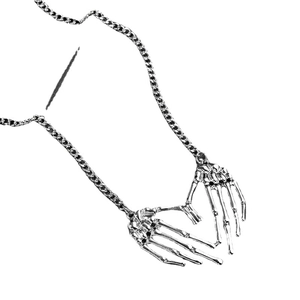 Gothic punk silver skull hand heart pendant necklace with minimalist metal chain