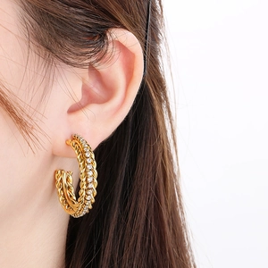 Gold twisted rope C-shaped earrings with micro-paved sparkling cubic zirconia for women