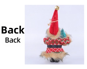 Detail view of the back of Santa plush with a burlap gift bag and mini Christmas tree