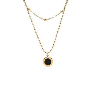 Double Layer Necklace Titanium Steel Gold Plated Round Pendant Roman Numerals Shell Inlay Elegant Fashion Jewelry Women