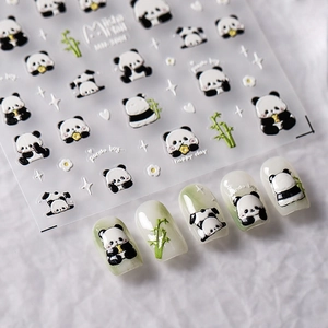 Cute Panda Bamboo 3D Embossed Nail Stickers Self Adhesive Star Moon Panda Nail Decals For Women DIY Nail Art Decoration