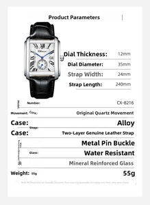 Detailed specifications of Chenxi men's square quartz watch with black leather strap