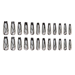 Cat eye press-on nails set with 24 silver glitter butterfly wing long trapezoid tips