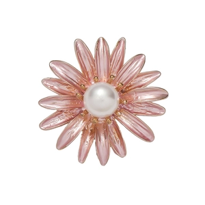 Elegant pink enamel daisy brooch with a white pearl center on a clean white background