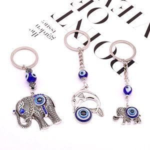 Retro Ethnic Style Antique Silver Elephant Dolphin Keychain With Evil Eye Resin Bead Charm Animal Keyring Decoration Women Men