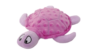 Detail of pink and purple plush turtle toy with textured minky fabric and embroidery