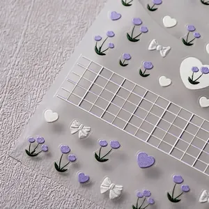 3D embossed floral nail stickers with lavender tulips and white ribbon designs