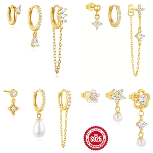 Geometric Petal Tassel Artificial Pearl Earrings Gold Plated 925 Sterling Silver Earring Post Zirconia Elegant Jewelry For Women